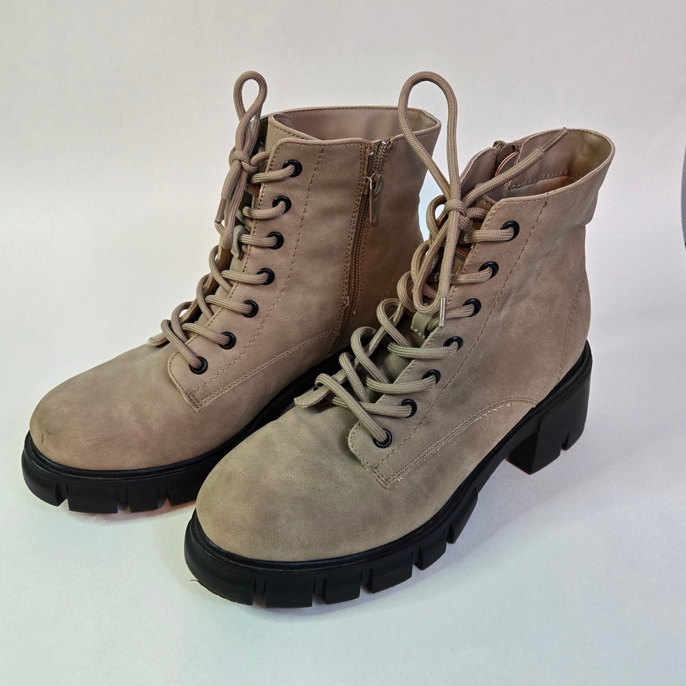 MIA Metri Taupe Tan Lace Up Side Zip Chunky Lug Sole Combat Boots Womens 8M